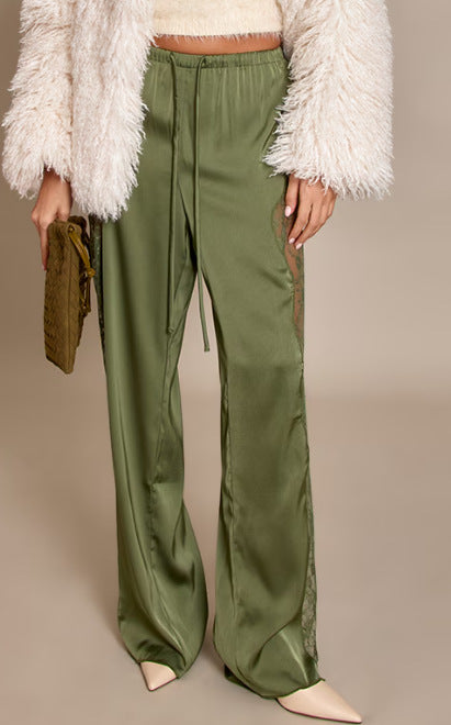 Damen nan Satinhose mit seitlichen Spitzeneinsätzen, weitem Bein und Tunnelzug R&B