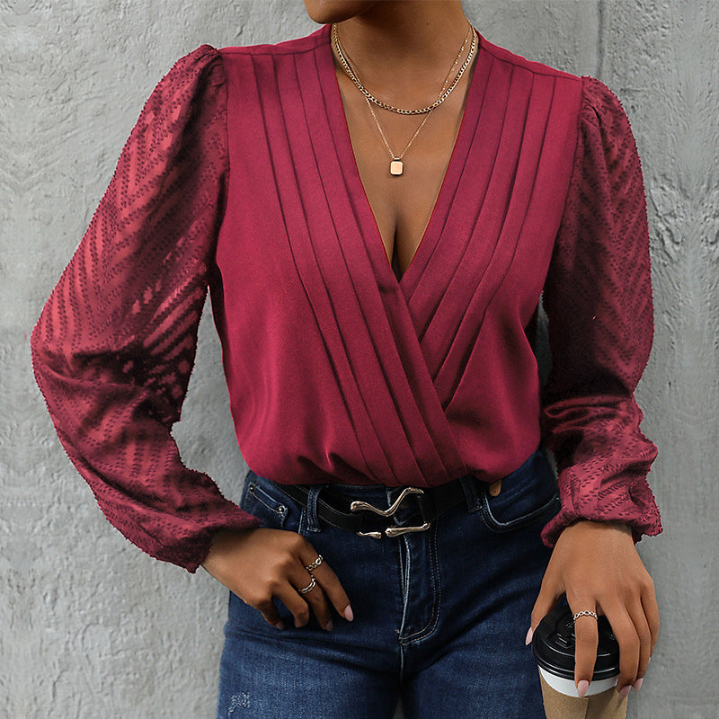 Damen Wickelbluse mit feinen Plissee-Details und transparenten Ärmeln R&B