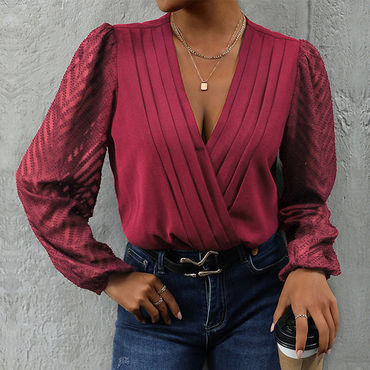 Damen Wickelbluse mit feinen Plissee-Details und transparenten Ärmeln R&B