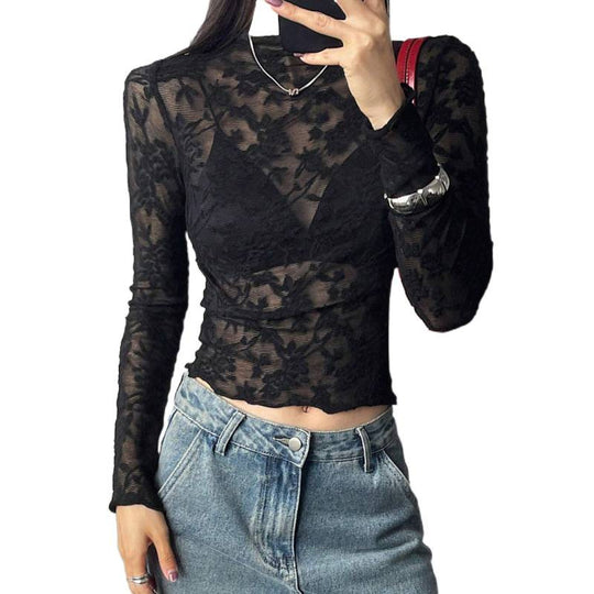 Damen Spitzenoberteil mit elegantem floralem Design und transparenten Ärmeln R&B