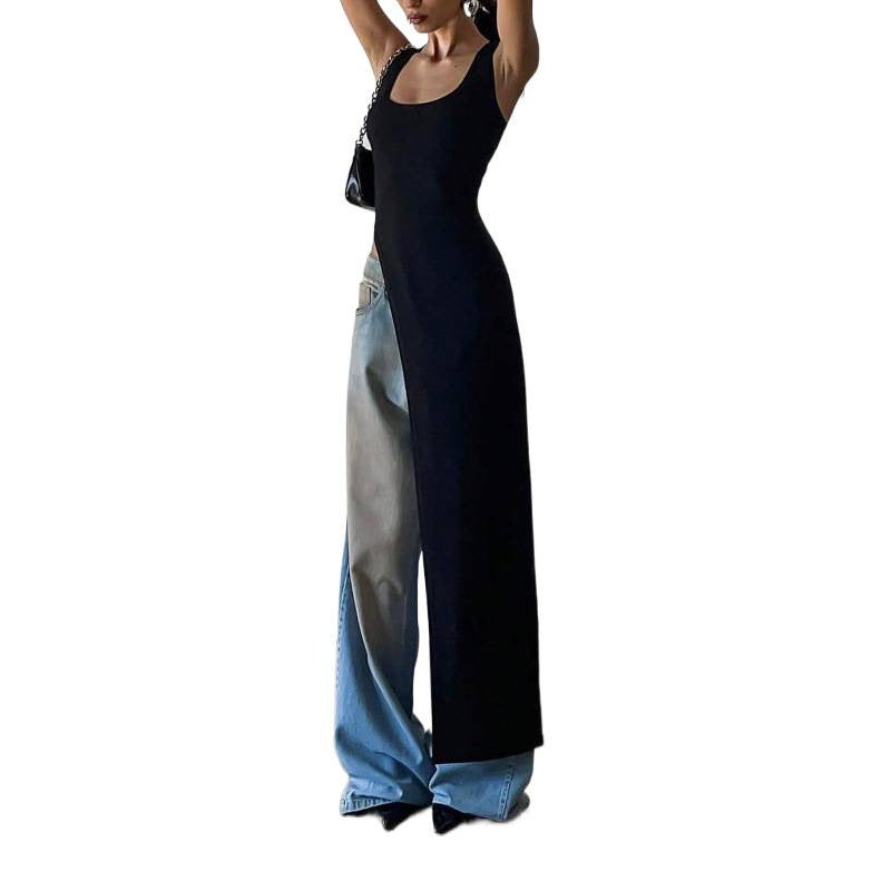 Damen Langarm-Umstands-Tunika mit asymmetrischem Schnitt und stylischen Denim-Elementen R&B