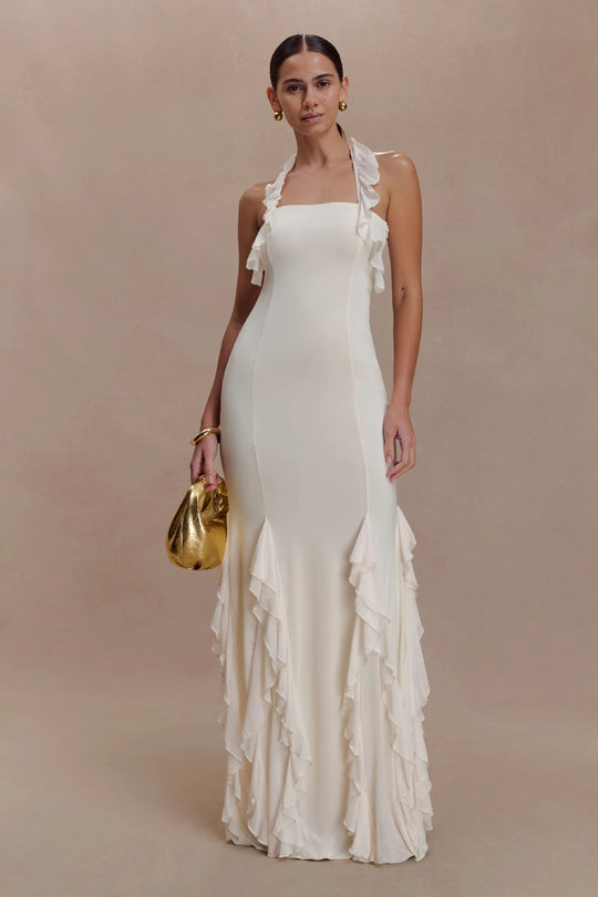 Damen Elegantes Langarm-Maxikleid mit Rüschendetails R&B