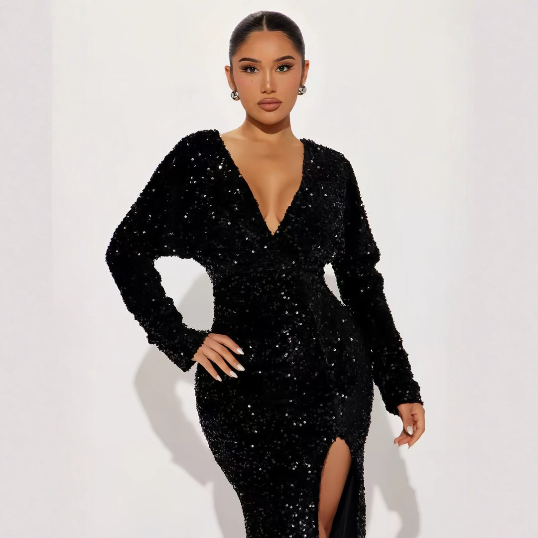 Damen Glamouröses Pailletten-Maxikleid mit tiefem V-Ausschnitt und eleganten Ärmelverzierungen R&B