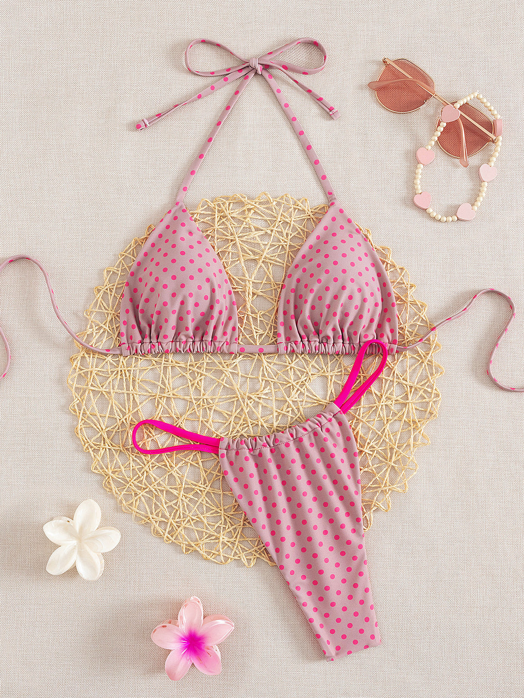 Damen Triangel-Bikini mit verspielt gepunktetem Design und verstellbaren Trägern R&B