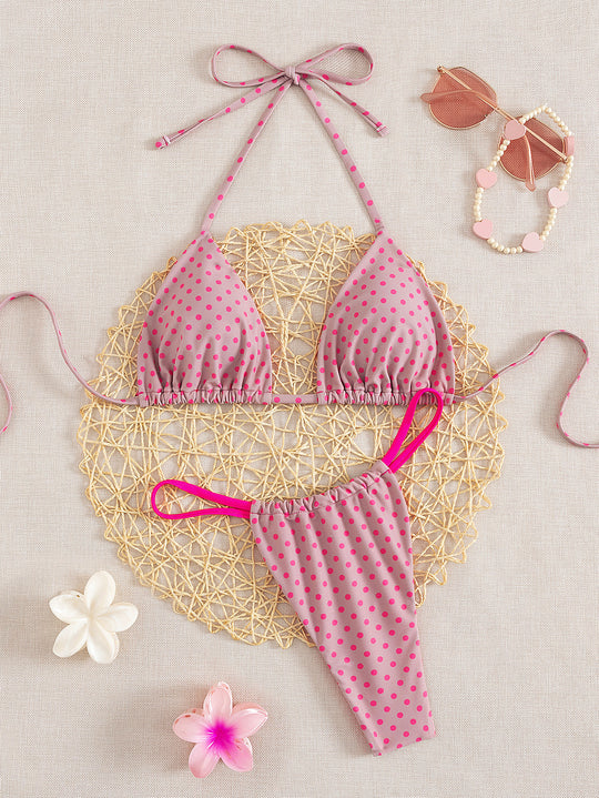 Damen Triangel-Bikini mit verspielt gepunktetem Design und verstellbaren Trägern R&B