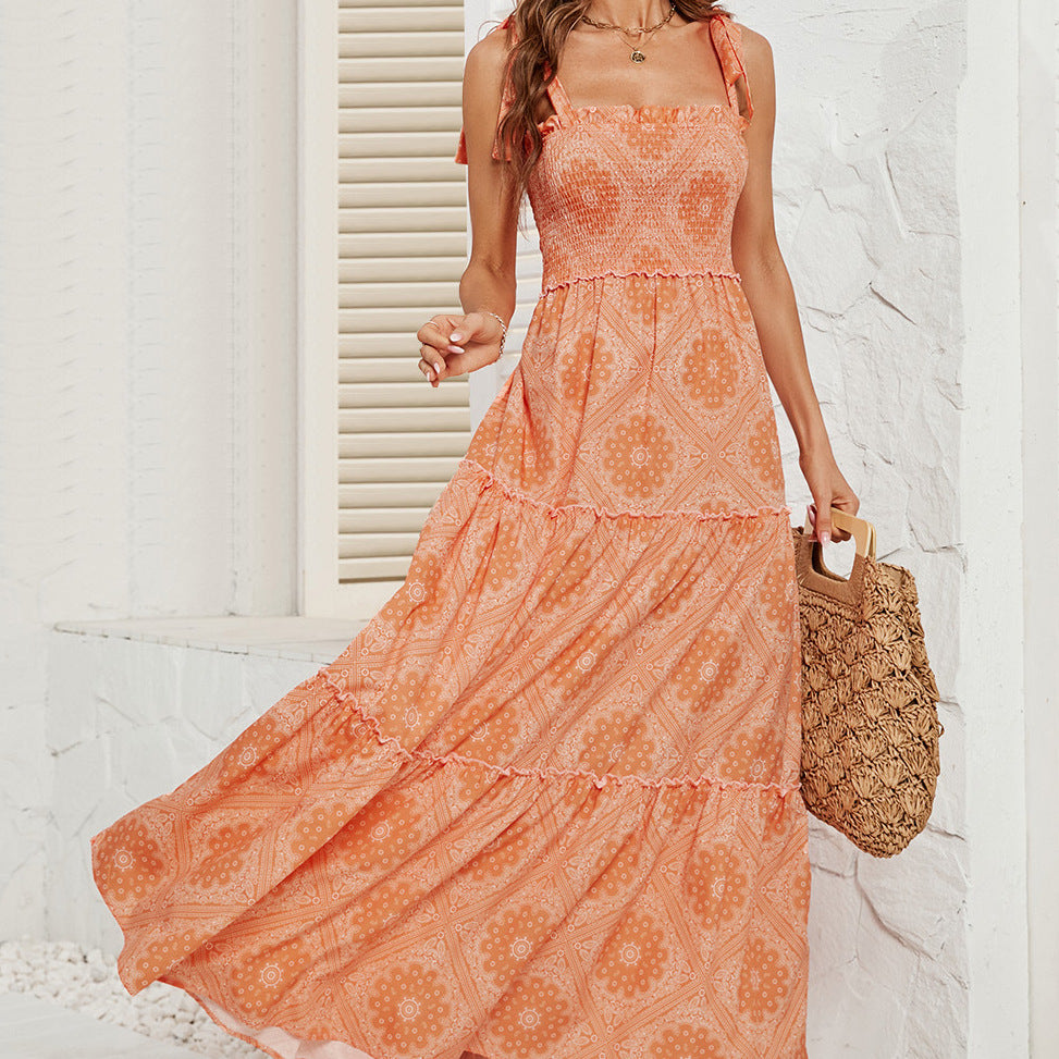 Damen Boho Maxikleid mit schulterfreien Trägern und voluminösem Rock R&B