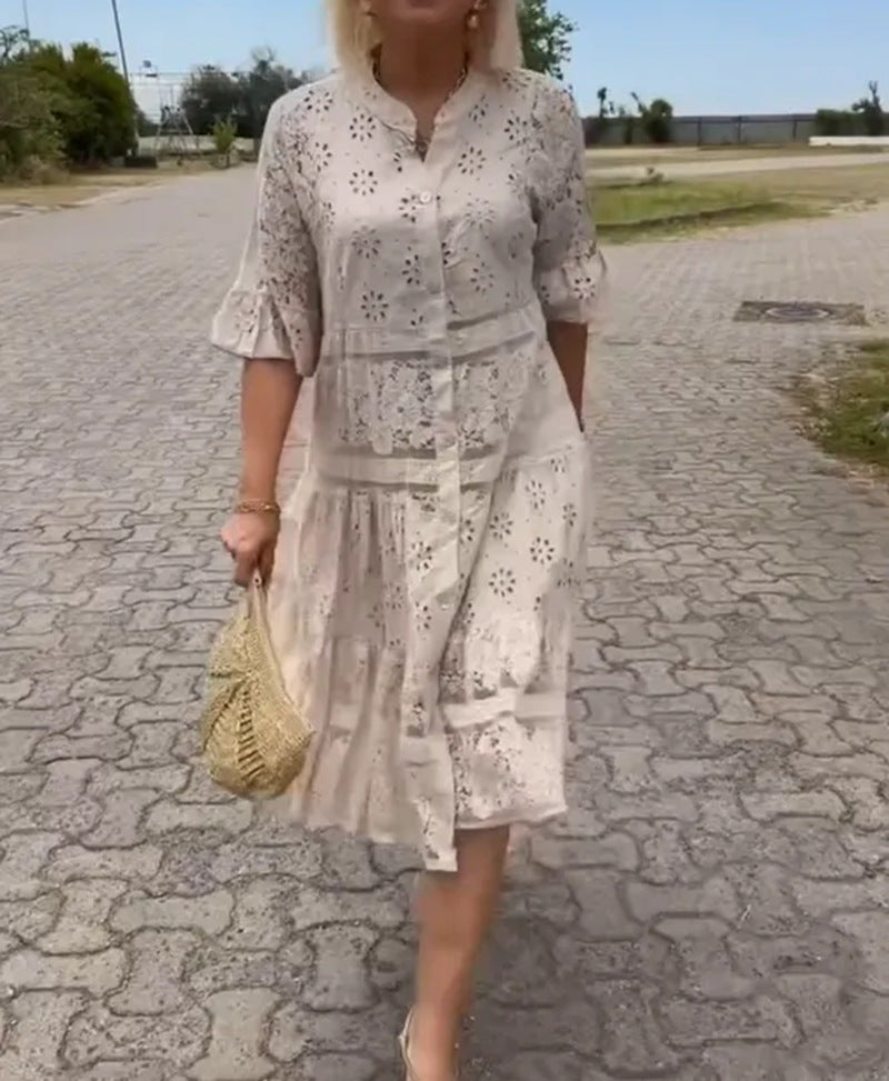 Damen nan Hemdblusen-Midikleid mit Spitzen-Einsätzen, Stufenrock und durchgehender Knopfleiste R&B