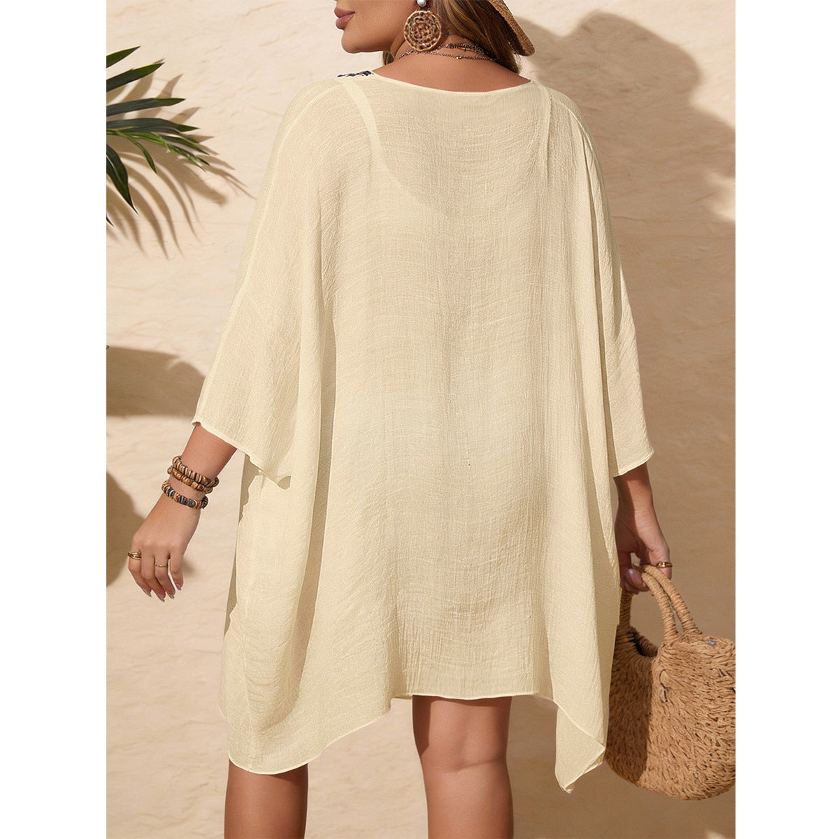 Damen Strandkaftan mit bunten Häkelelementen und V-Ausschnitt R&B