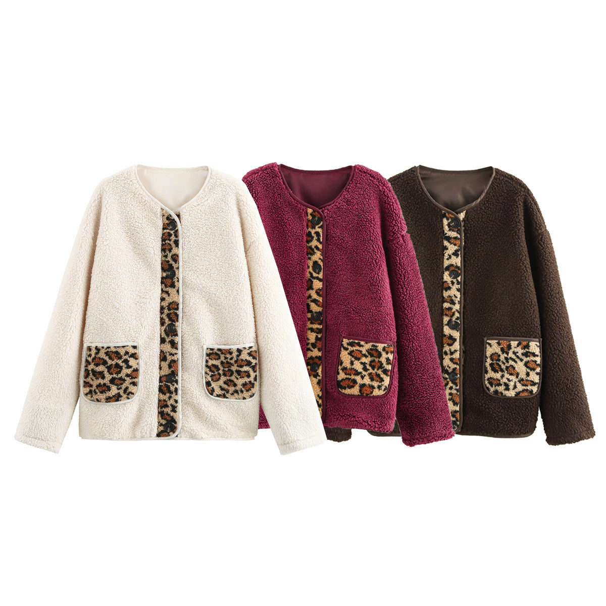 Damen kuschelige Teddyjacke mit tierischem Muster und praktischen Pattentaschen R&B