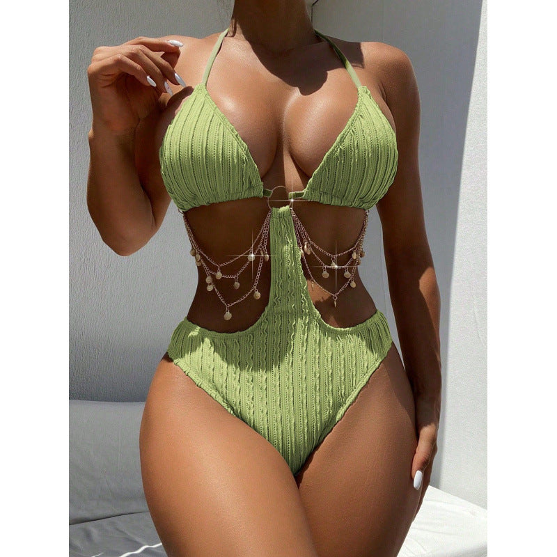 Damen Einteiler-Badeanzug mit stilvollen Cut-out-Details und dekorativen Ketten R&B