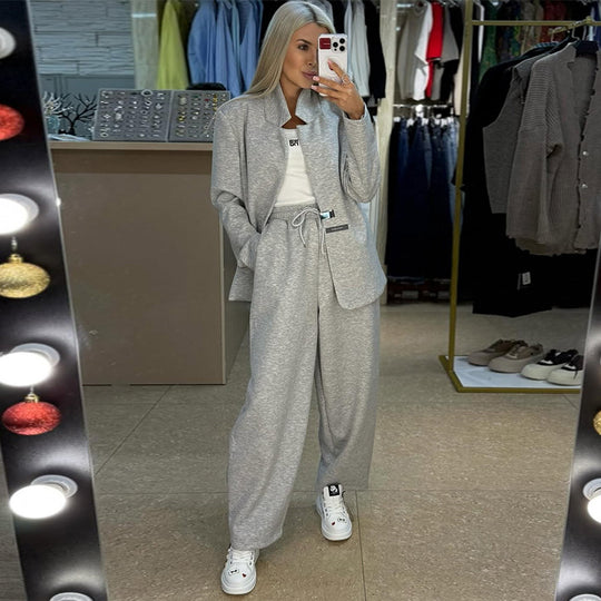 Damen lässige Sweater-Blazer-Kombination mit weit geschnittenen Hosen R&B