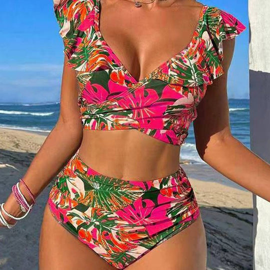 Damen Cropped Bikini-Set mit verspieltem Rüschendesign und elegantem Bindeträgersystem R&B