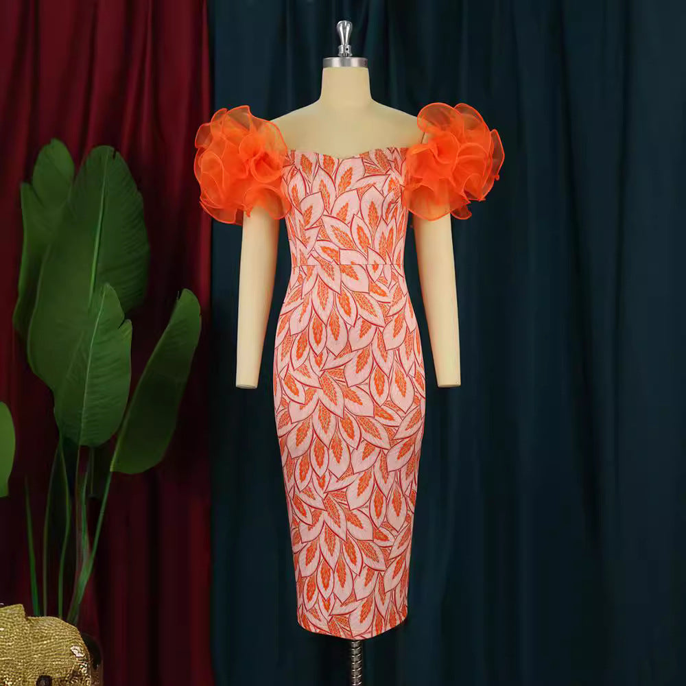 Damen Elegantes Midi-Kleid mit innovativen Puffärmeln und kunstvollem Druck R&B