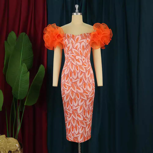 Damen Elegantes Midi-Kleid mit innovativen Puffärmeln und kunstvollem Druck R&B