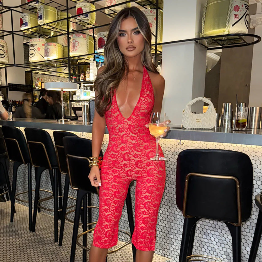 Damen Eleganter Spitzen-Jumpsuit mit tiefem V-Ausschnitt und seitlichen Schlitzen R&B