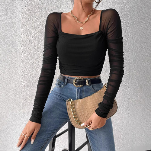 Damen Cropped Oberteil mit transparenten Ärmeln R&B