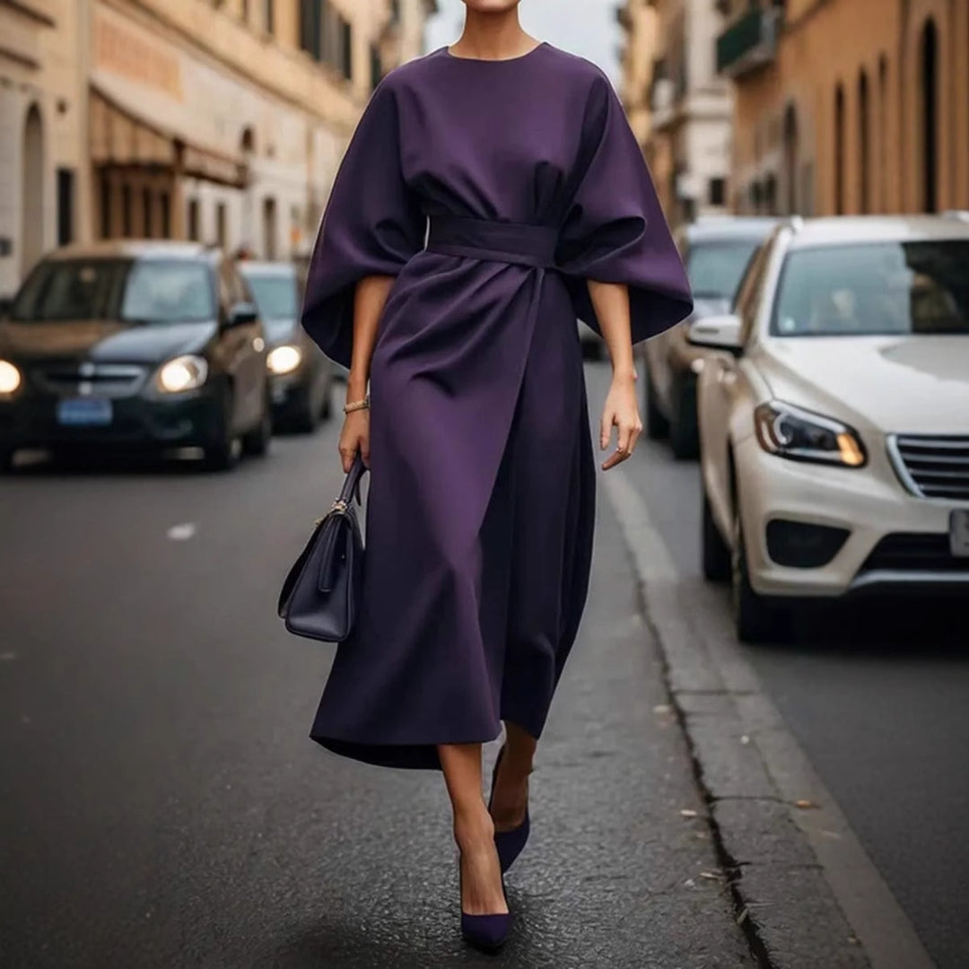 Damen Maxikleid mit eleganten Puffärmeln und Taillengürtel R&B