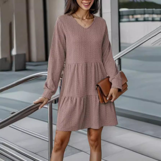 Damen Strickkleid mit V-Ausschnitt und voluminösem Rock R&B