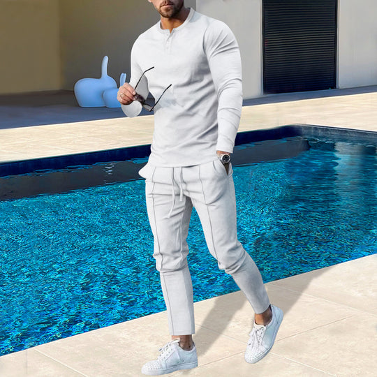 Herren nan athletisches Henley-Langarmshirt und schmal zulaufende Jogginghose mit Ziernähten R&B