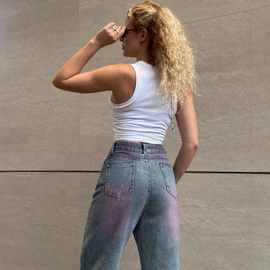 Damen Wide-Leg Jeans mit farbverlaufendem Design und hohem Bund R&B