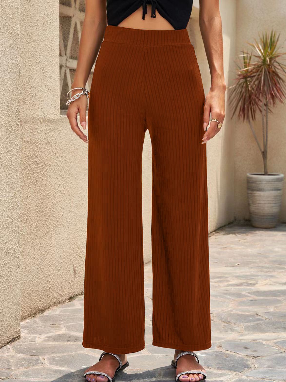 Damen Weite, gestreifte Plisseehose mit hohem Bund und elastischem Taillenbund R&B