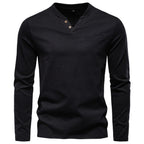 Herren nan tailliertes Langarmshirt im Henley-Stil mit kurzem V-Ausschnitt, Zierknöpfen und Brustleistentasche R&B