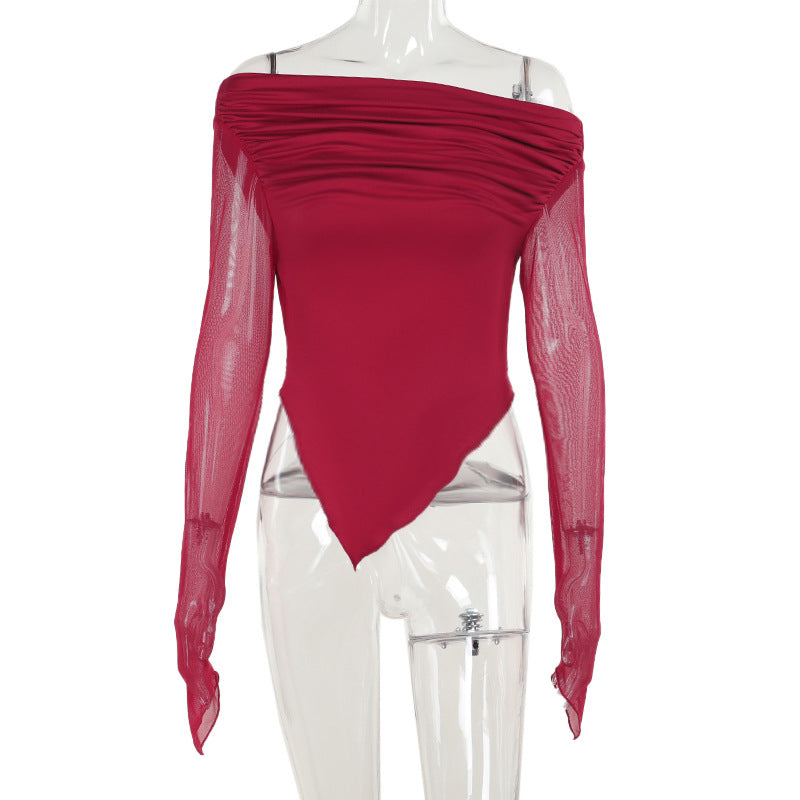 Damen elegantes Wickelshirt mit schulterfreiem Design und transparenten Ärmeln R&B