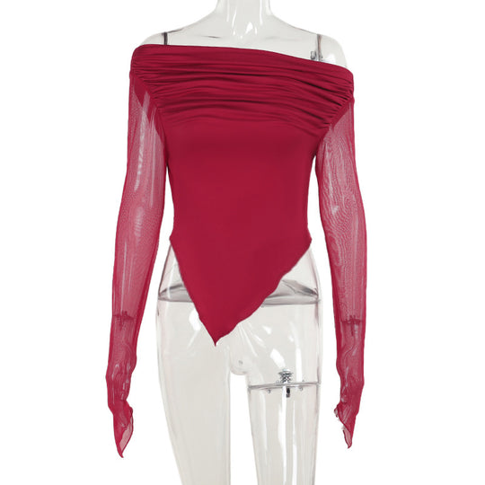 Damen elegantes Wickelshirt mit schulterfreiem Design und transparenten Ärmeln R&B