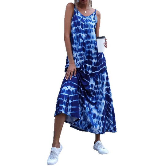 Damen Langes Sommerkleid aus elastischem Jersey mit asymmetrischem Schnitt und praktischen Taschen R&B