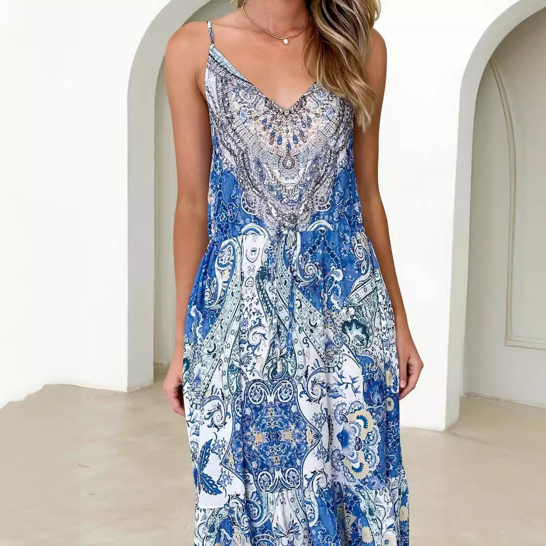 Damen Maxikleid im eleganten Ethno-Design mit Taschen und feinem V-Ausschnitt R&B