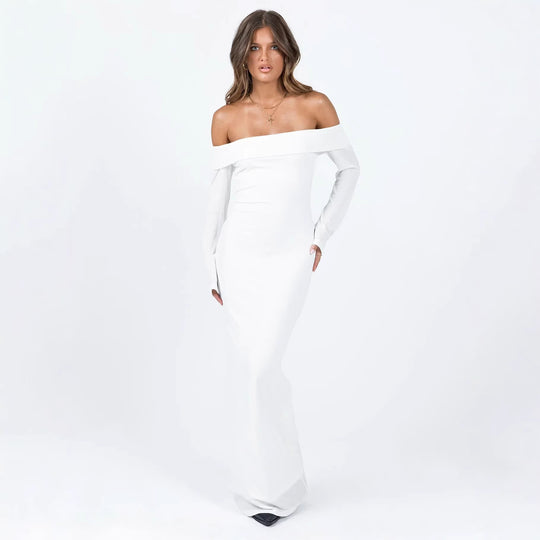 Damen Off-Shoulder Maxikleid mit langen Ärmeln und figurbetontem Schnitt R&B