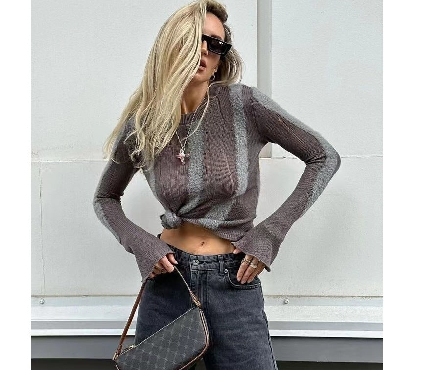 Damen modisches Strickoberteil mit elegantem Knoten und schmalen Ärmeln R&B