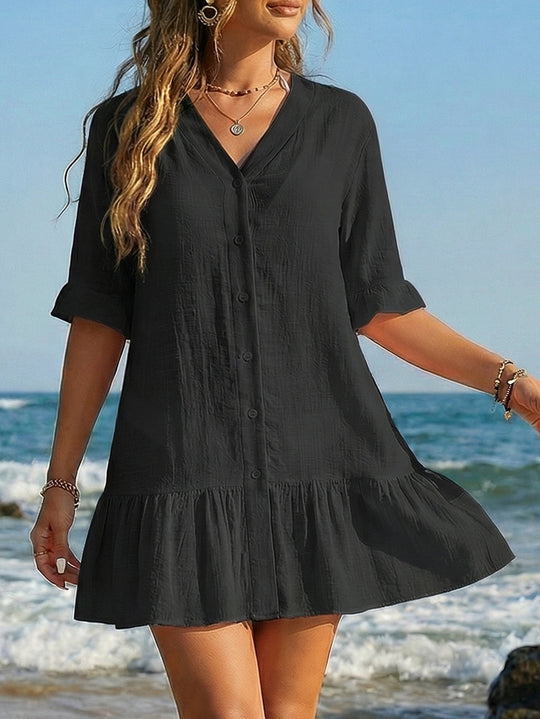 Damen luftiges Sommerkleid mit Knopfleiste und Rüschen R&B