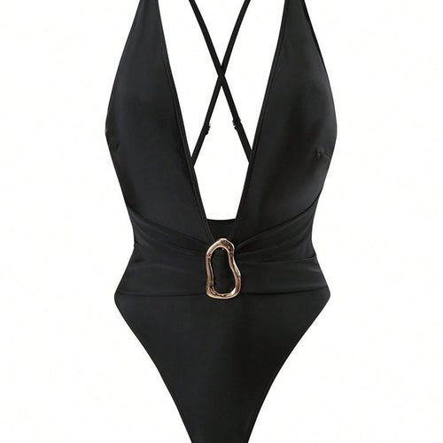 Damen Einteiler Badeanzug mit tiefem V-Ausschnitt und stilvollem Ringdetail R&B