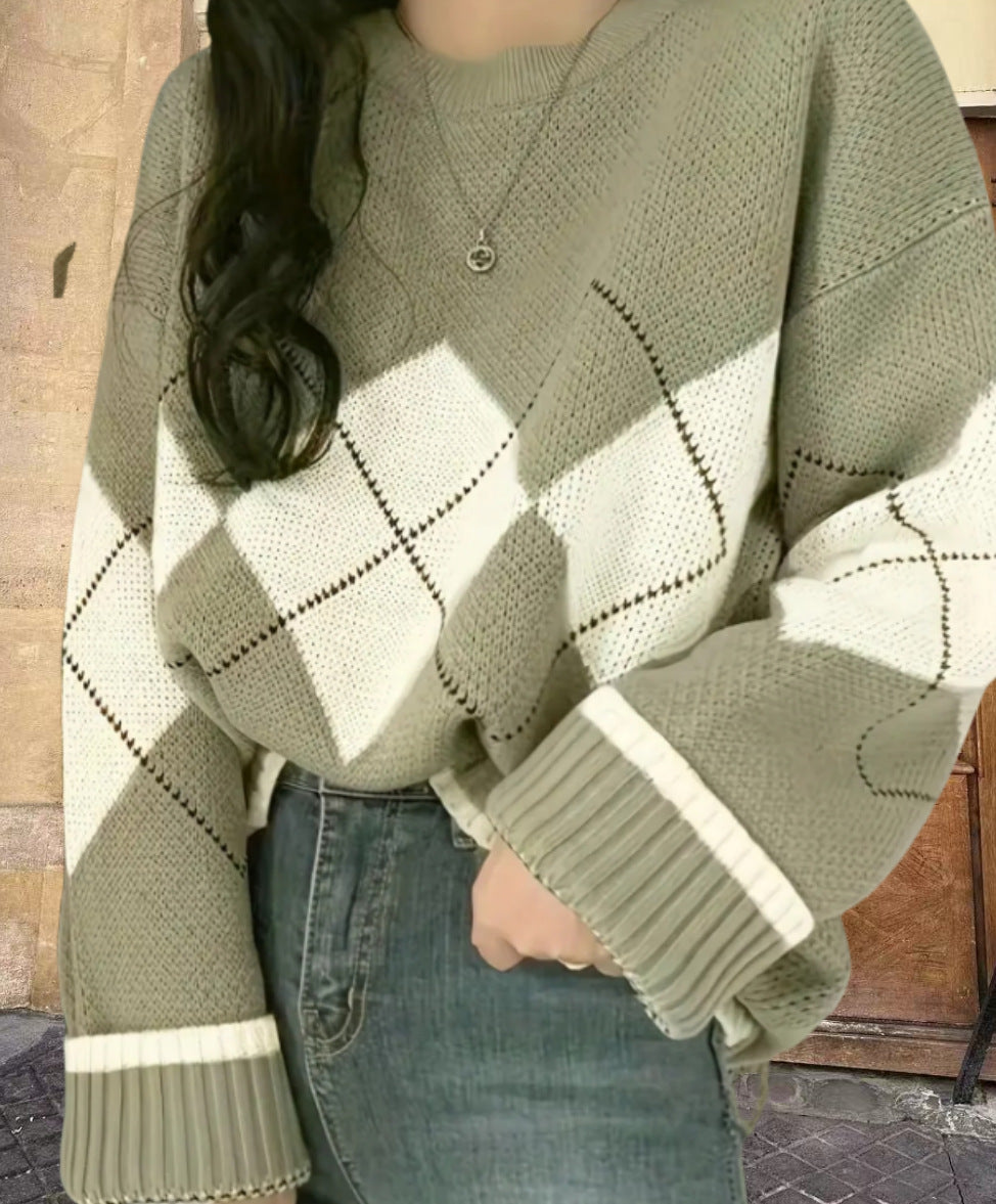Damen Grobstrickpullover mit modernen Rautenmustern und weitem Schnitt R&B