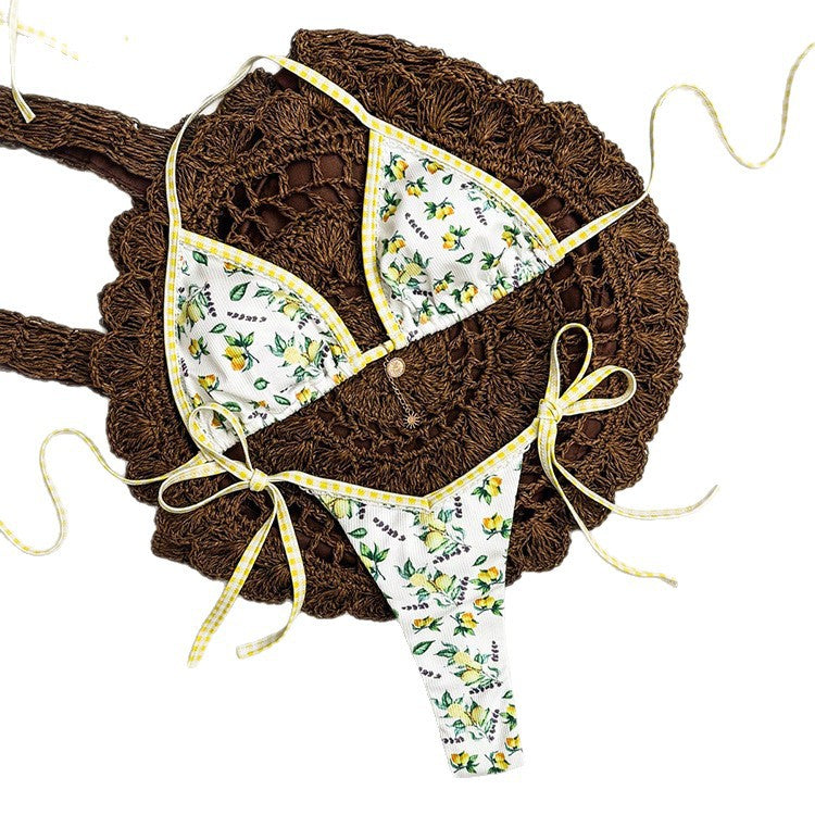 Damen Triangel-Bikini mit floralem Muster und Bindedetails R&B