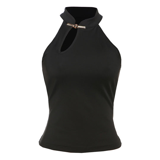 Damen modernes Hochkragen Top mit elegantem Schlitz und goldener Akzent R&B