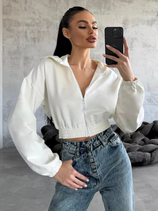 Damen lässiger Cropped Hoodie mit praktischem Reißverschluss und elastischem Bund R&B