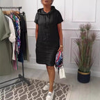 Damen nan legeres Kapuzenkleid mit kurzem Ärmel, geradem Schnitt und Kordelzug R&B