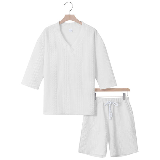 Unisex nan lässiges Lounge-Set mit V-Ausschnitt-Oberteil und Kordelbund-Shorts R&B
