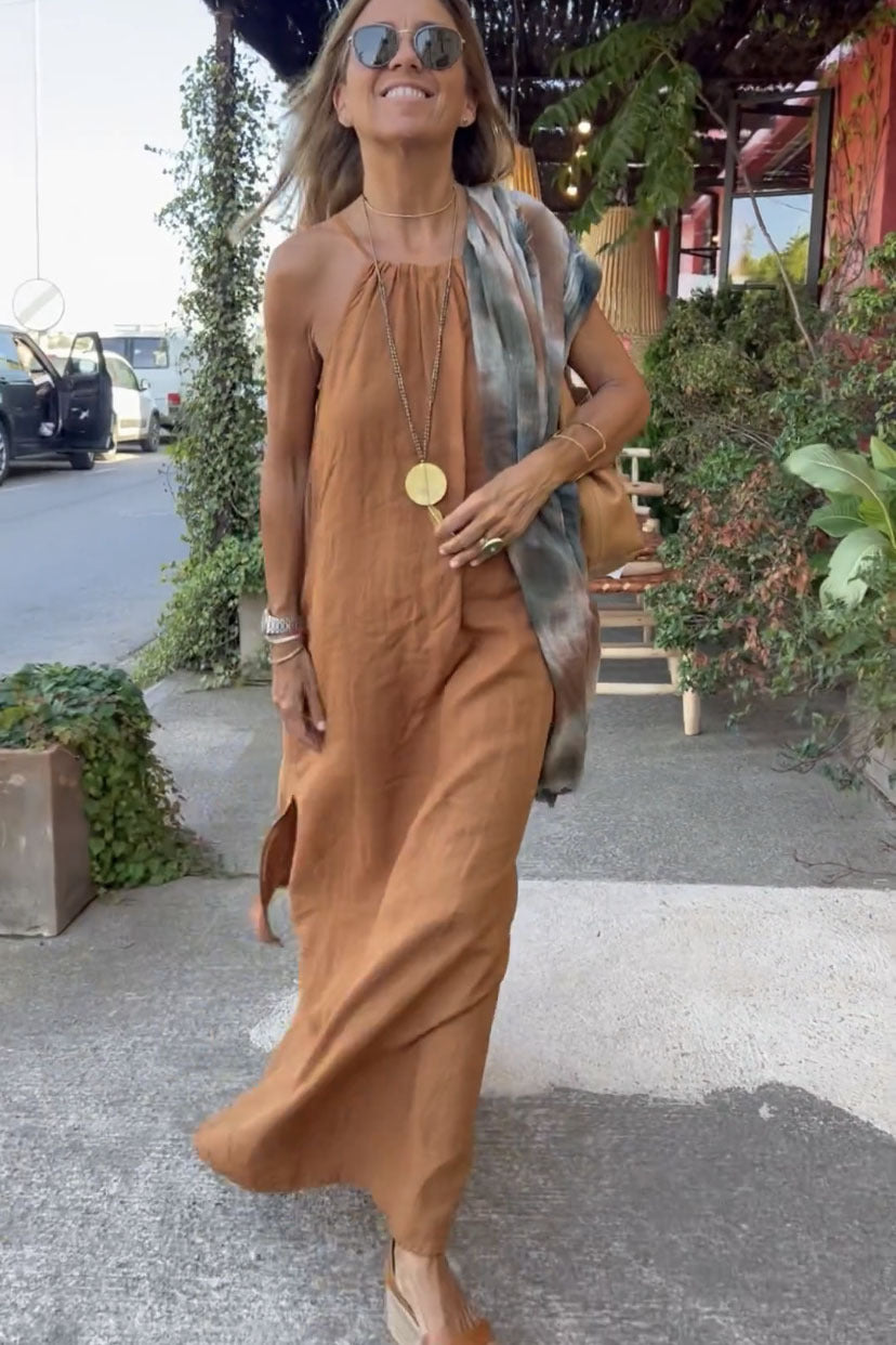 Damen Langes Leinenkleid mit schulterfreier Trägerkonstruktion und flirtendem Schlitz R&B