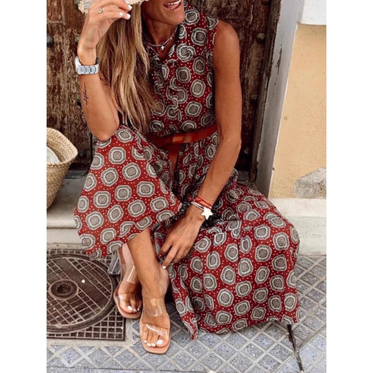 Damen Bohemian Maxi Kleid mit verstellbarem Gürtel R&B