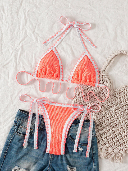 Damen Triangel-Bikini mit verspielten Bindebändern und feiner Struktur R&B