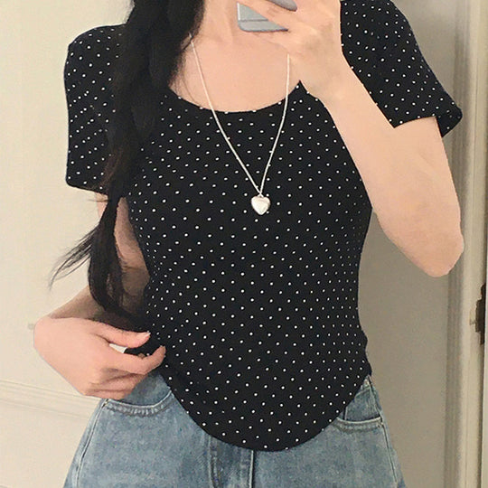 Damen Polka-Dot Shirt mit Rundhalsausschnitt und figurbetontem Schnitt R&B
