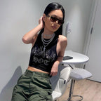 Damen Crop-Top mit auffälligem Flammenmotiv und glänzenden Akzenten R&B