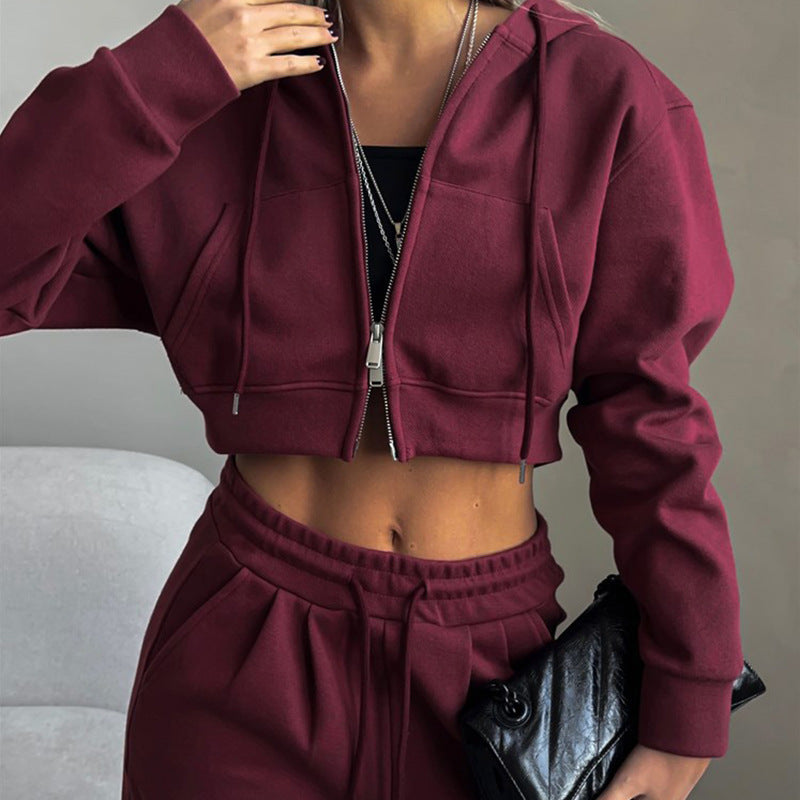 Damen Cropped Kapuzenjacke und bequeme Jogginghose Set R&B
