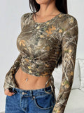 Damen Figurbetontes Langarmshirt mit Raffung und einzigartigem Camouflage-Design R&B