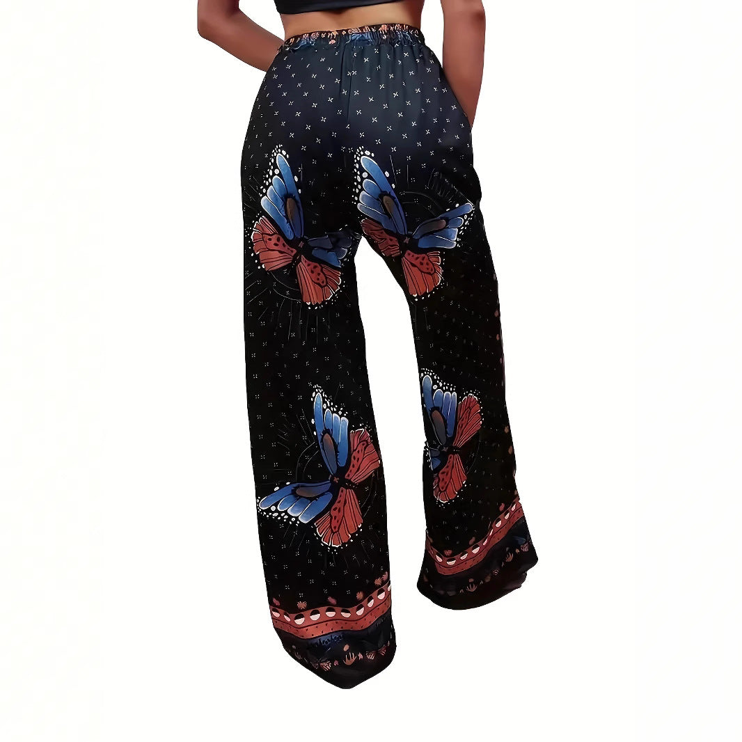Damen Weite Palazzo-Hose mit buntem Schmetterlingsdruck und elastischem Bund R&B