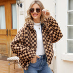 Damen Plüschjacke mit Karomuster und hohem Kragen R&B