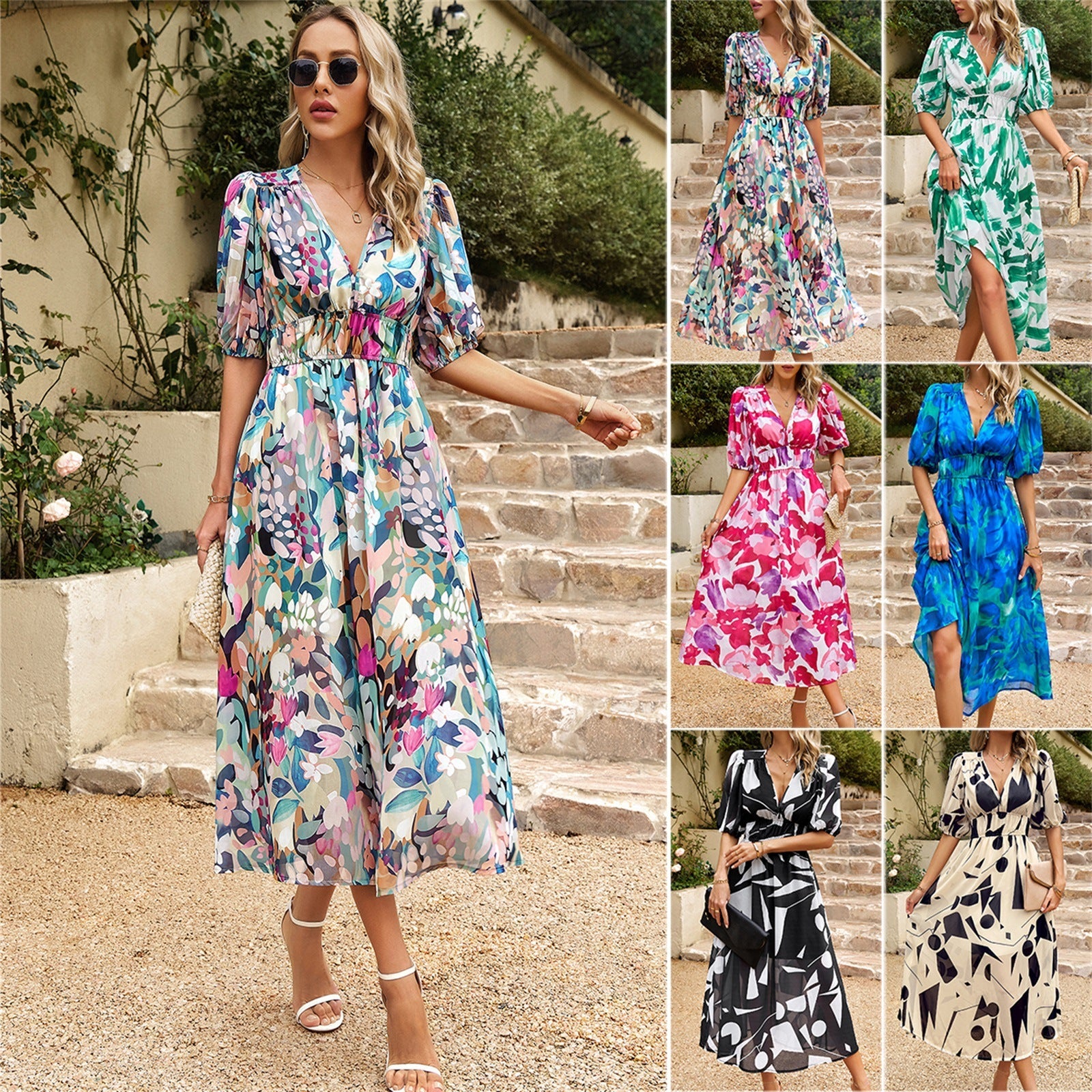 Damen Maxi Kleid mit 3/4-Ärmeln und floralem Design R&B